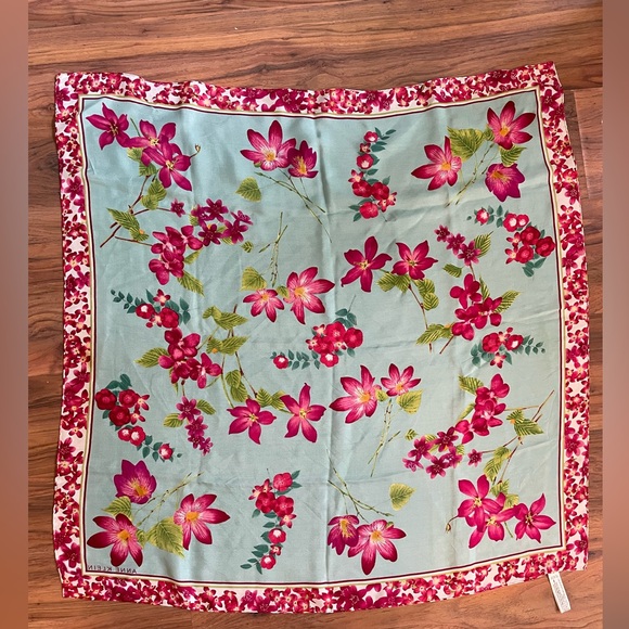 Anne Klein 100% Silk Floral Scarf Light Turquoise Pink Green 35”x35” - Picture 5 of 7